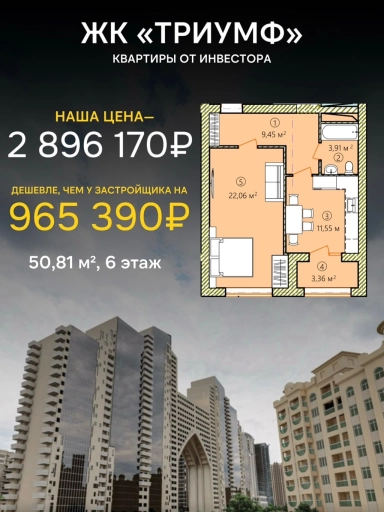 Квартира, 1 комната, 51 м², Агент