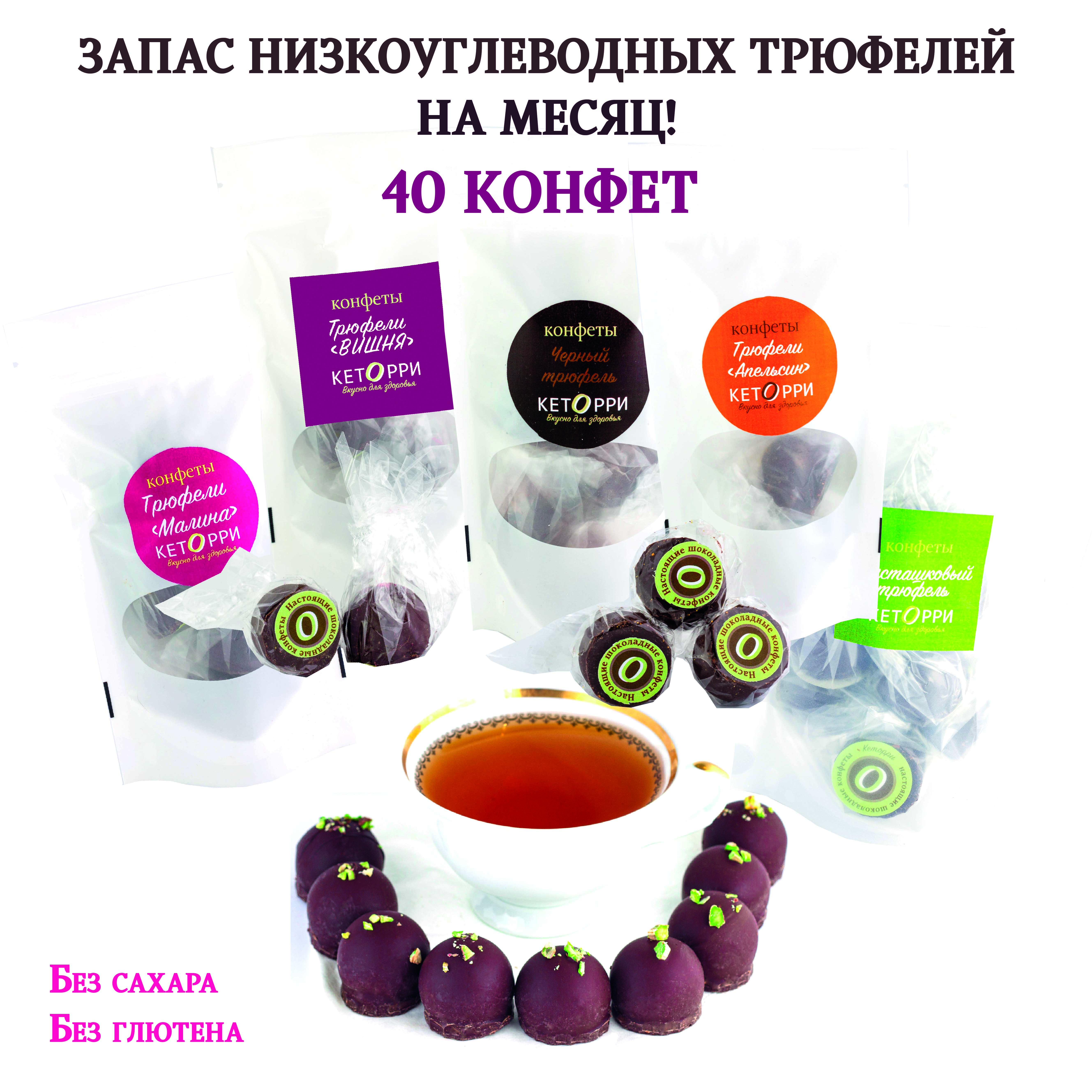 Шоколадные кето-конфеты "Запас низкоуглеводных трюфелей на месяц" (40 конфет) Кеторри, без сахара, ручной работы