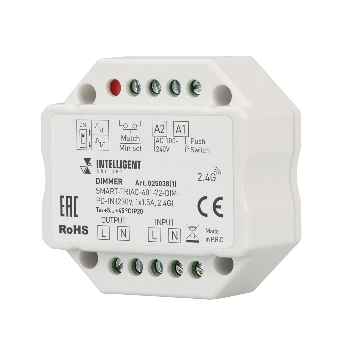 Диммер SMART-TRIAC-601-72-DIM-PD-IN (230V, 1x1.5A, 2.4G) (IARL, IP20 Пластик) 025038(1)