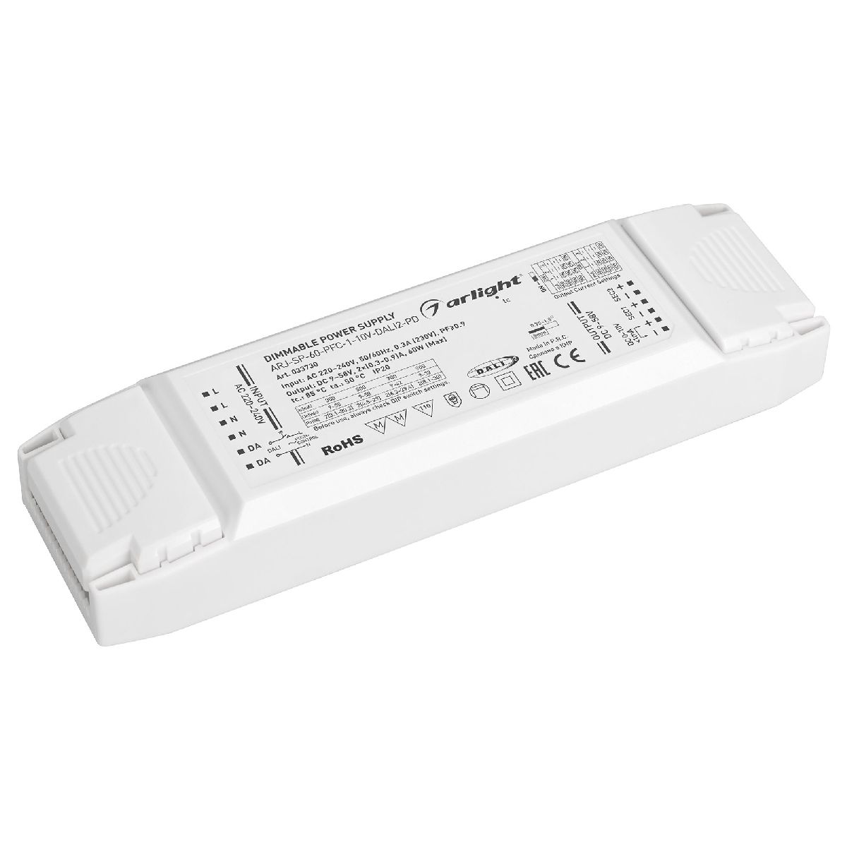 Блок питания ARJ-SP-60-PFC-1-10V-DALI2-PD (60W, 9-58V, 2x0.3-0.9A, IP20) 033730