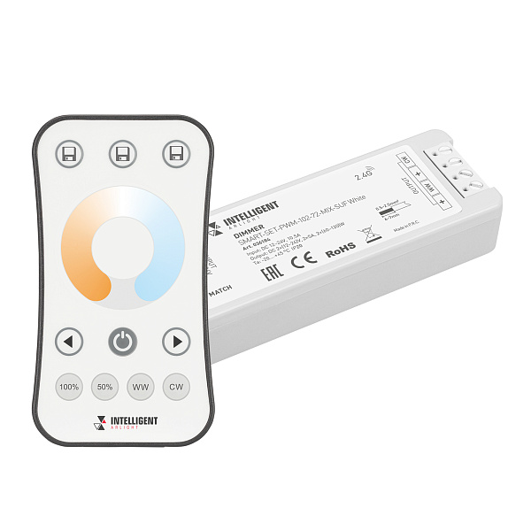 Диммер SMART-SET-PWM-102-72-MIX-SUF White 12-24V, 2x5A, ПДУ RING 10кн, 2.4G 036184
