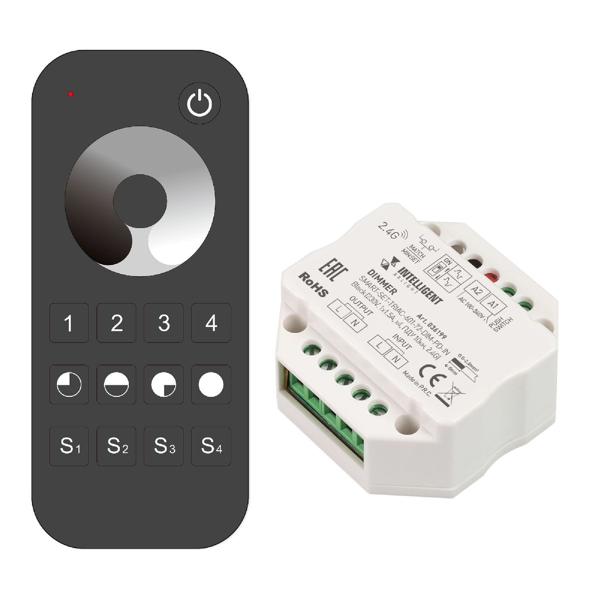 Диммер SMART-SET-TRIAC-601-72-DIM-PD-IN Black (230V, 1x1.5A, x4, ПДУ 10кн, 2.4G) 036199