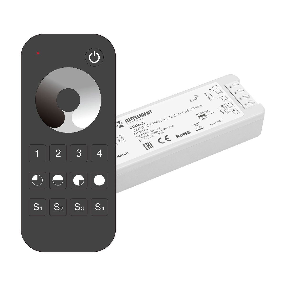 Диммер SMART-SET-PWM-101-72-DIM-PD-SUF Black (5-36V, 1x8A, x4, ПДУ 13кн, 2.4G) 036201