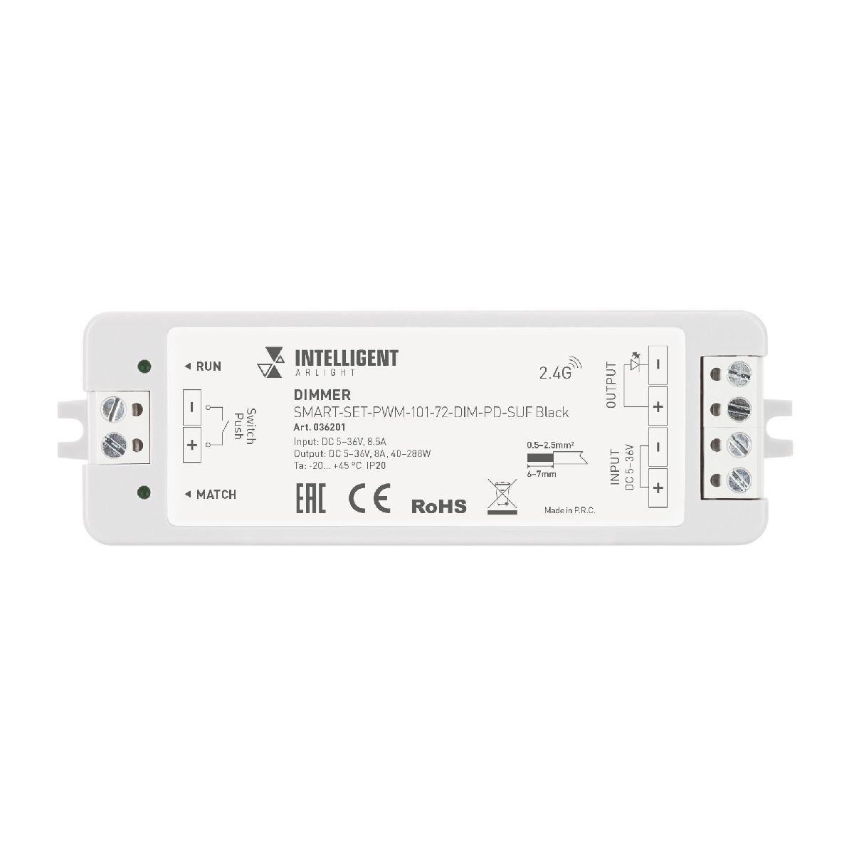 Диммер SMART-SET-PWM-101-72-DIM-PD-SUF Black (5-36V, 1x8A, x4, ПДУ 13кн, 2.4G) 036201