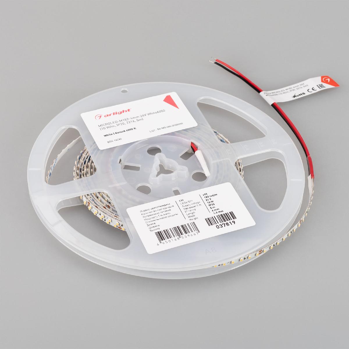 Светодиодная лента MICROLED-M182-4mm 24V White6000 (10 W/m, IP20, 2216, 5m) 037819