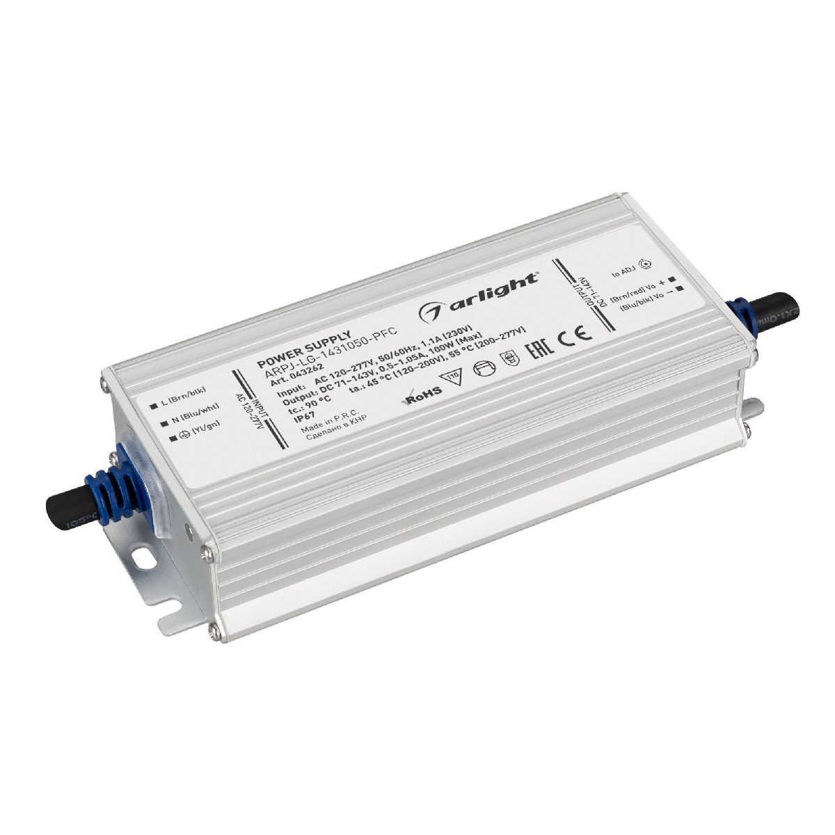 Блок питания ARPJ-LG-1431050-PFC (100W, 71-143V, 0.5-1.05A, IP67) 043262