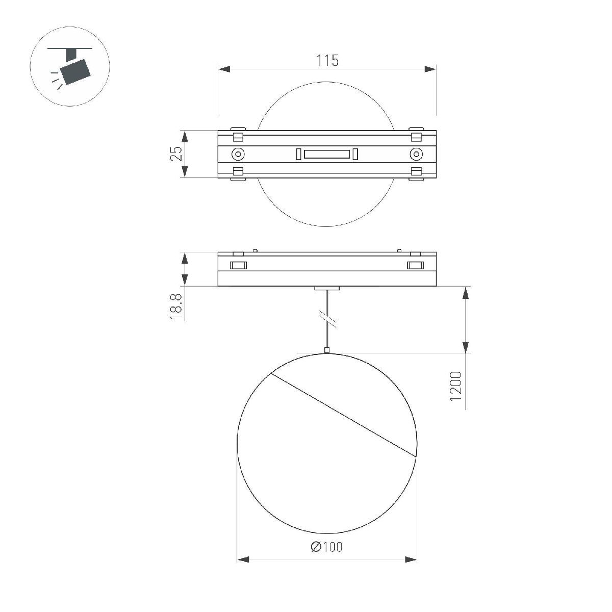 Трековый магнитный светильник MAG-VIBE-EMISFERO-HANG-R100-6W Day4000 (WH, 130 deg, 48V) 044455
