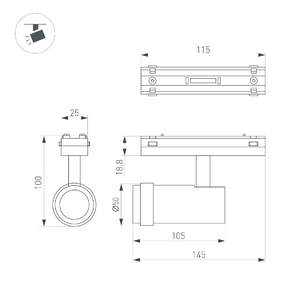 Трековый магнитный светильник MAG-VIBE-SPOT-ZOOM-R47-10W Day4000 (BK, 20-55 deg, 48V) 044482