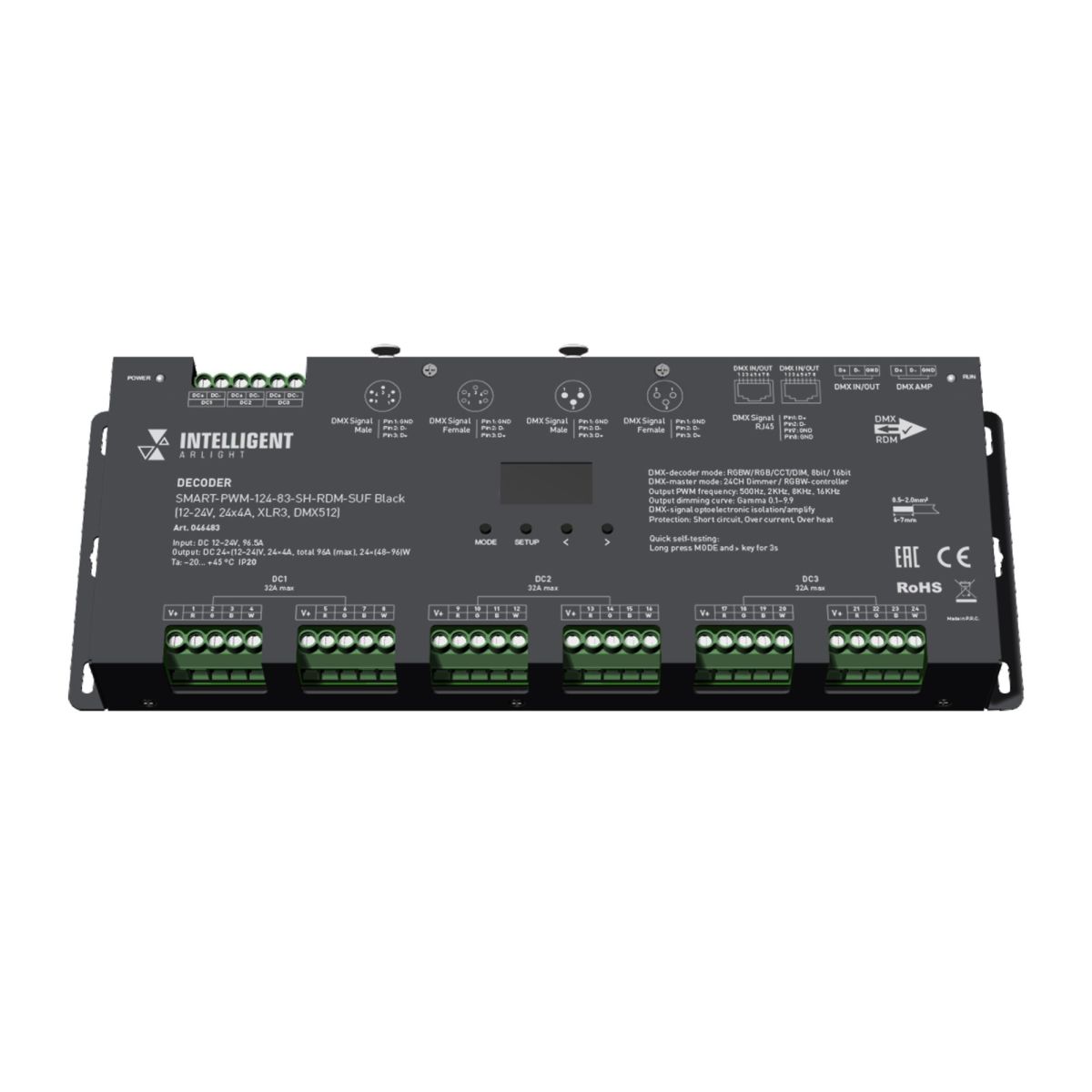 Декодер SMART-PWM-124-83-SH-RDM-SUF Black (12-24V, 24x4A, XLR3, DMX512) 046483