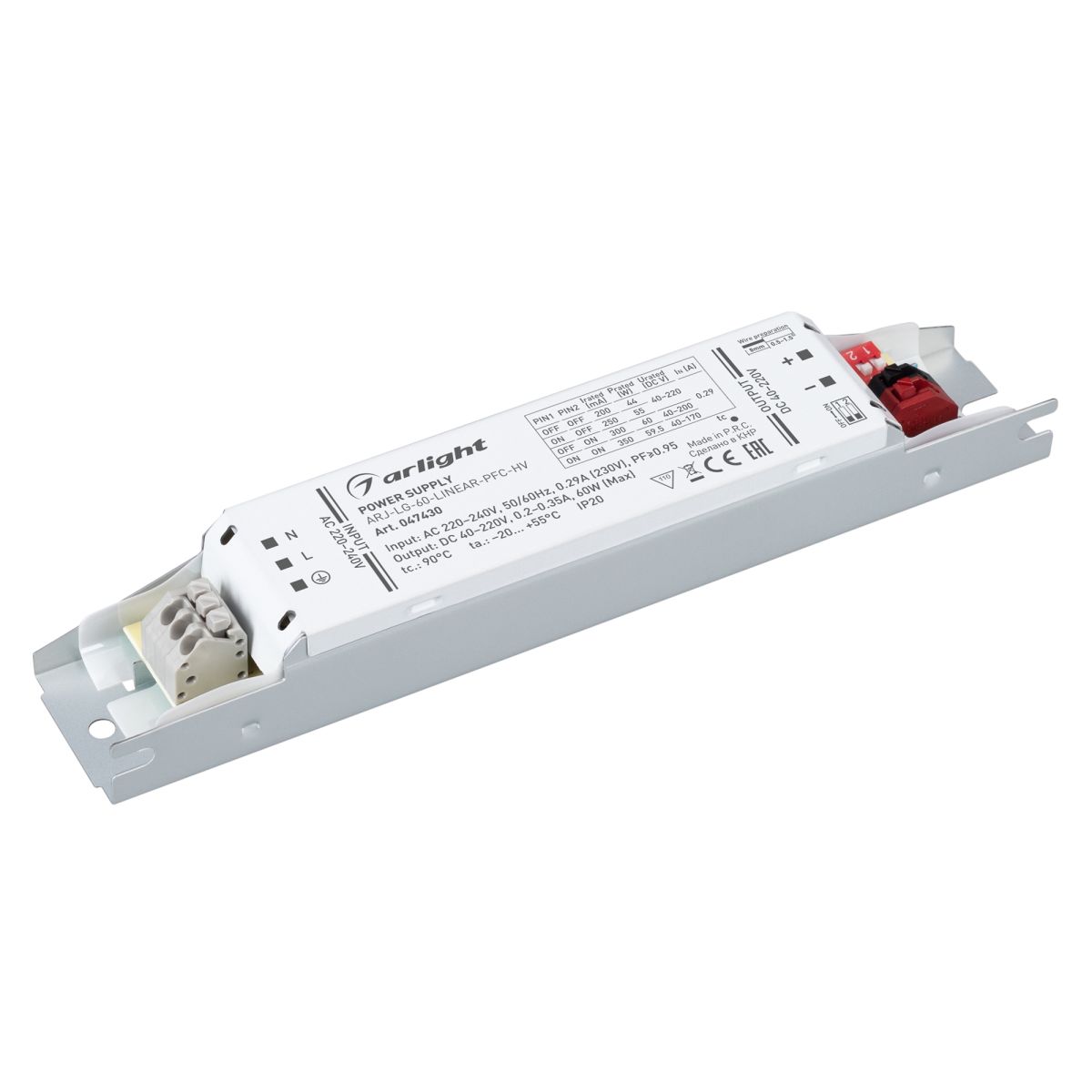 Блок питания ARJ-LG-60-LINEAR-PFC-HV (60W, 40-220V, 0.2-0.35A) (IP20 Металл) 047430
