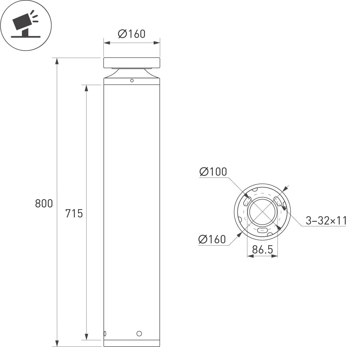 Ландшафтный светильник LGD-OTIS-20W-H800 Warm3500-MIX (Вишня, 315 deg, 230V) (IP65 Металл) 055762