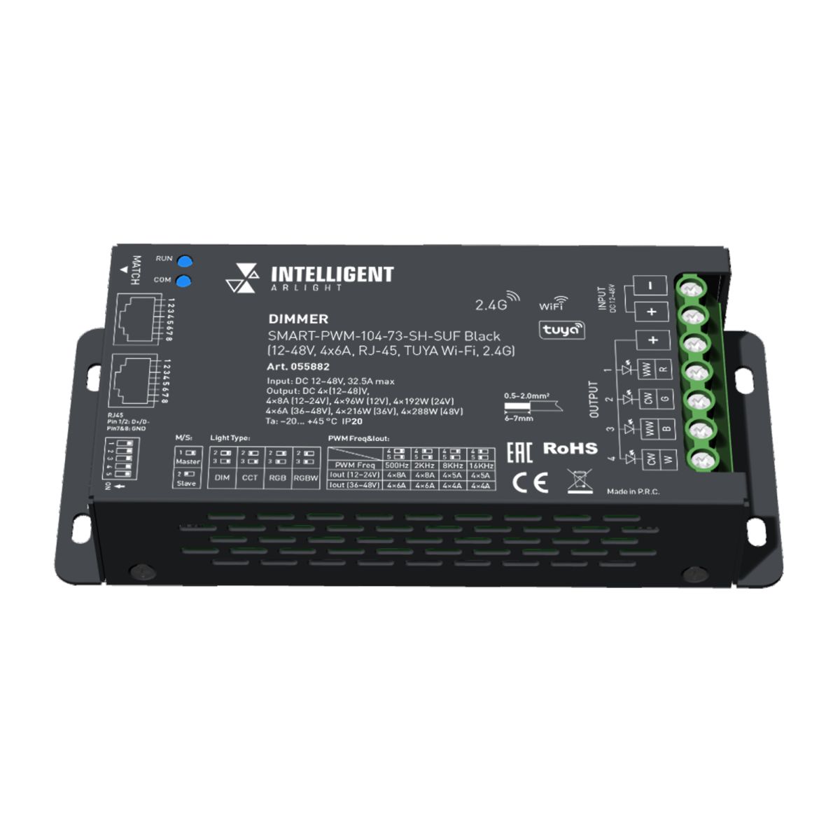 Диммер SMART-PWM-104-73-SH-SUF Black (12-48V, 4x6A, RJ-45, TUYA Wi-Fi, 2.4G) (IARL, IP20 Металл) 055882