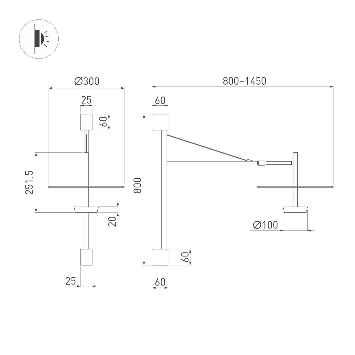 Бра SP-CAMPANA-WALL-L1450-9W Warm3000 (BK, 130 deg, 230V, TELESCOPIC) (IP20 Металл) 059596