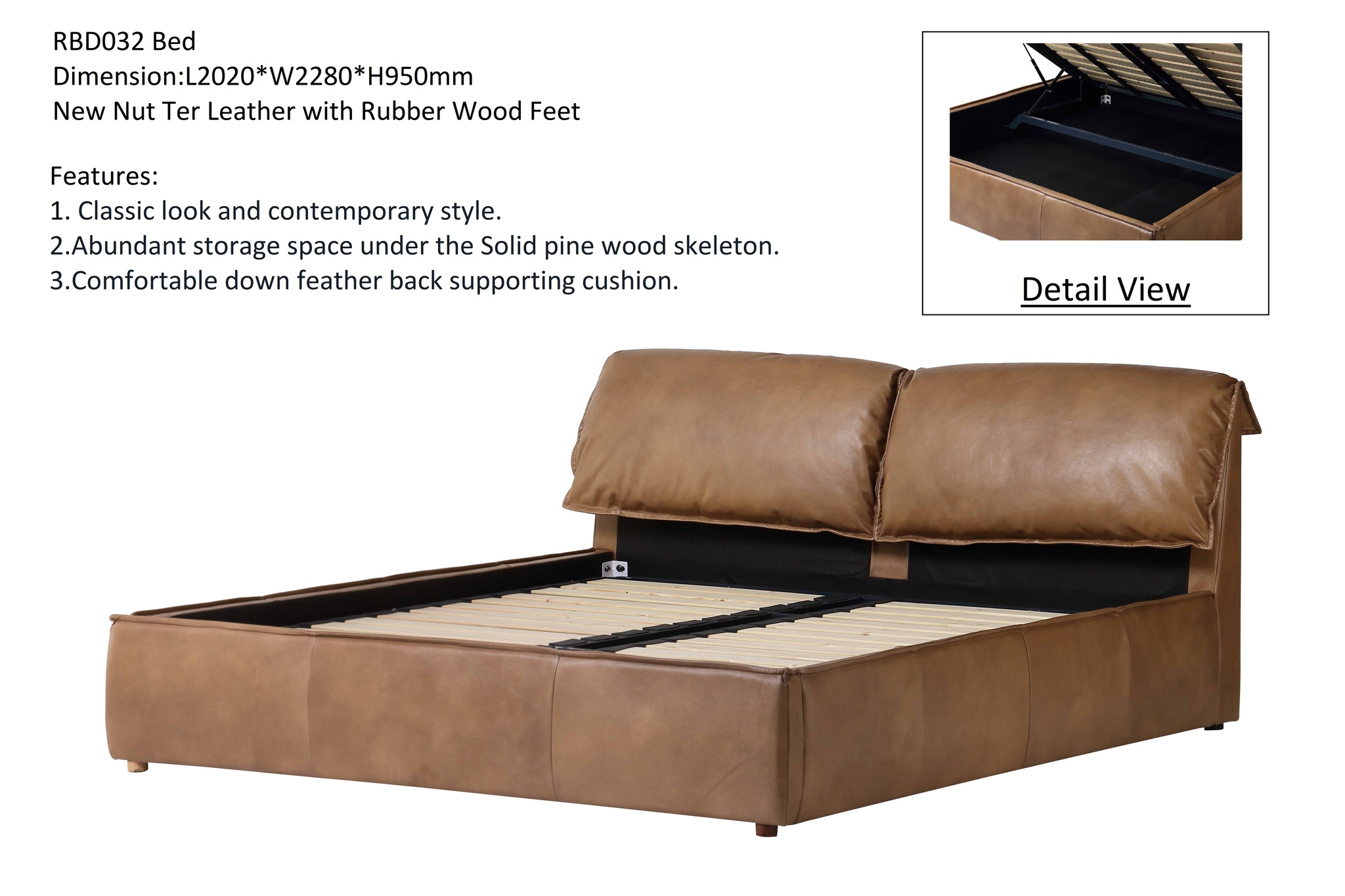 Двуспальная кровать RBD032 New Nut ter leather with Rubber wood feet