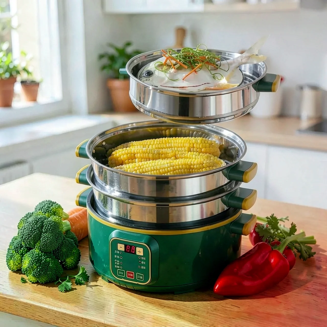 Пароварка зеленая с 3 ярусами 28 см