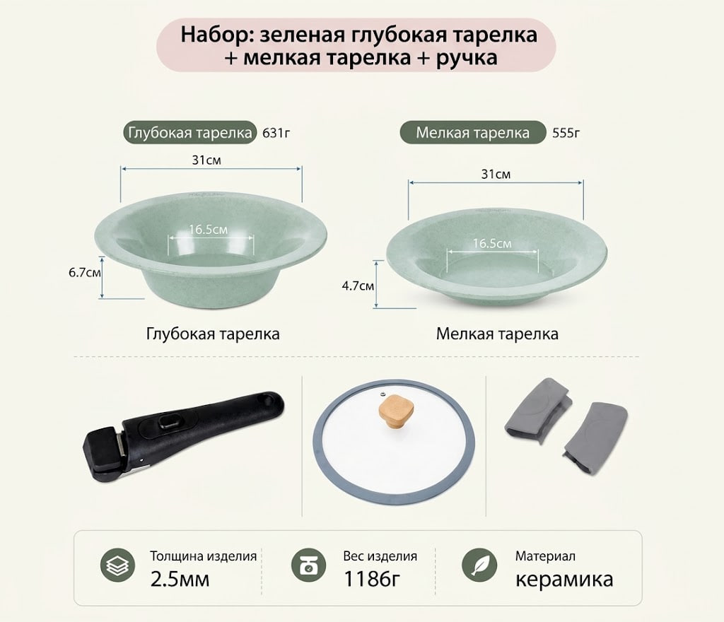 Набор сковород M.V.Eisenberg UFO (глубокая тарелка, мелкая тарелка, ручка, прихватки, крышка) зеленый