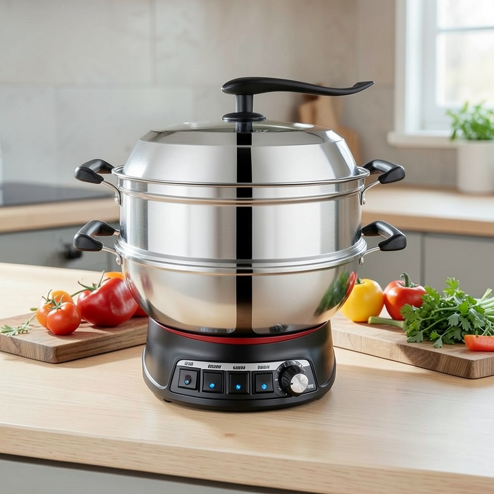 Электросковорода 28 см с двумя пароварками