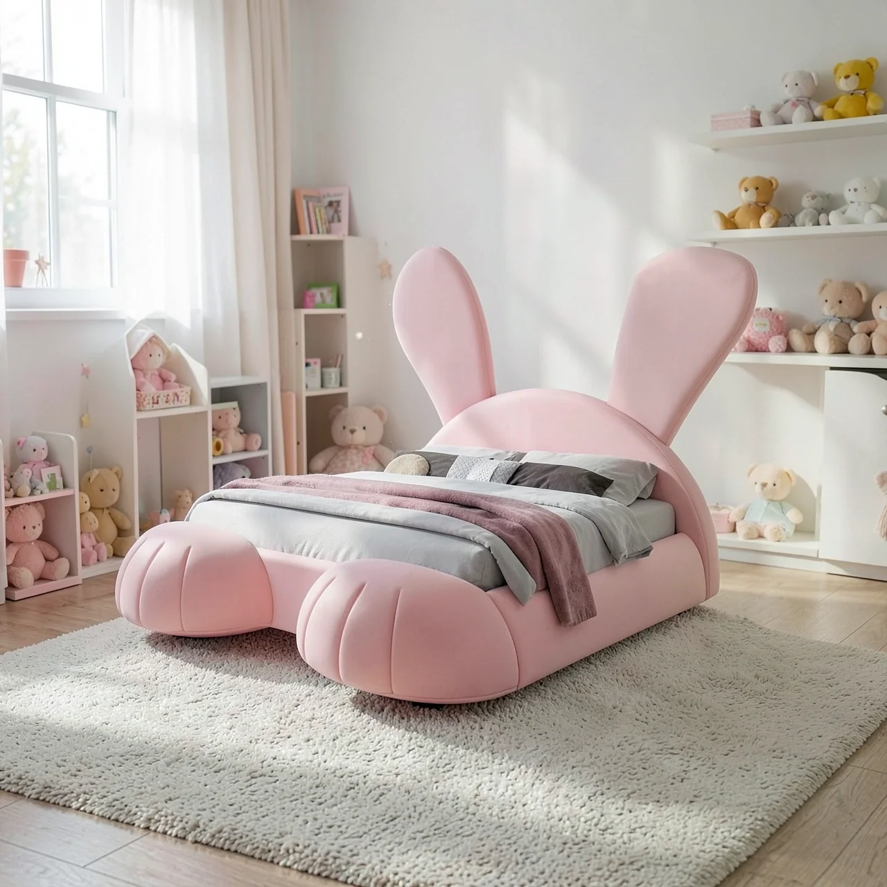 Детская кровать с ушками зайчика 150х200, матовый F, матрас, с коробом