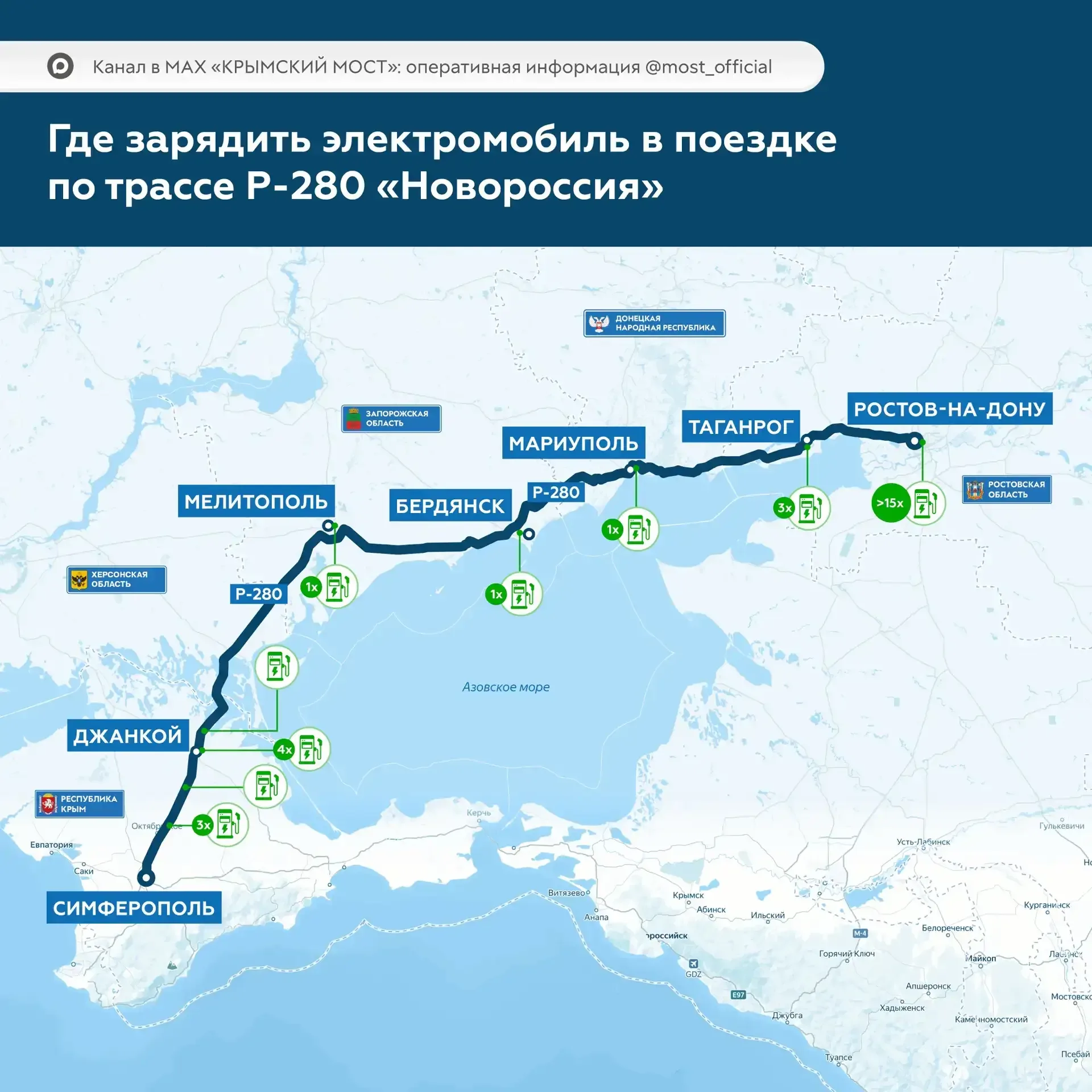 Станции зарядки электромобилей на трассе Р-280 «Новороссия»  Если вы путешествуете на электромобиле 