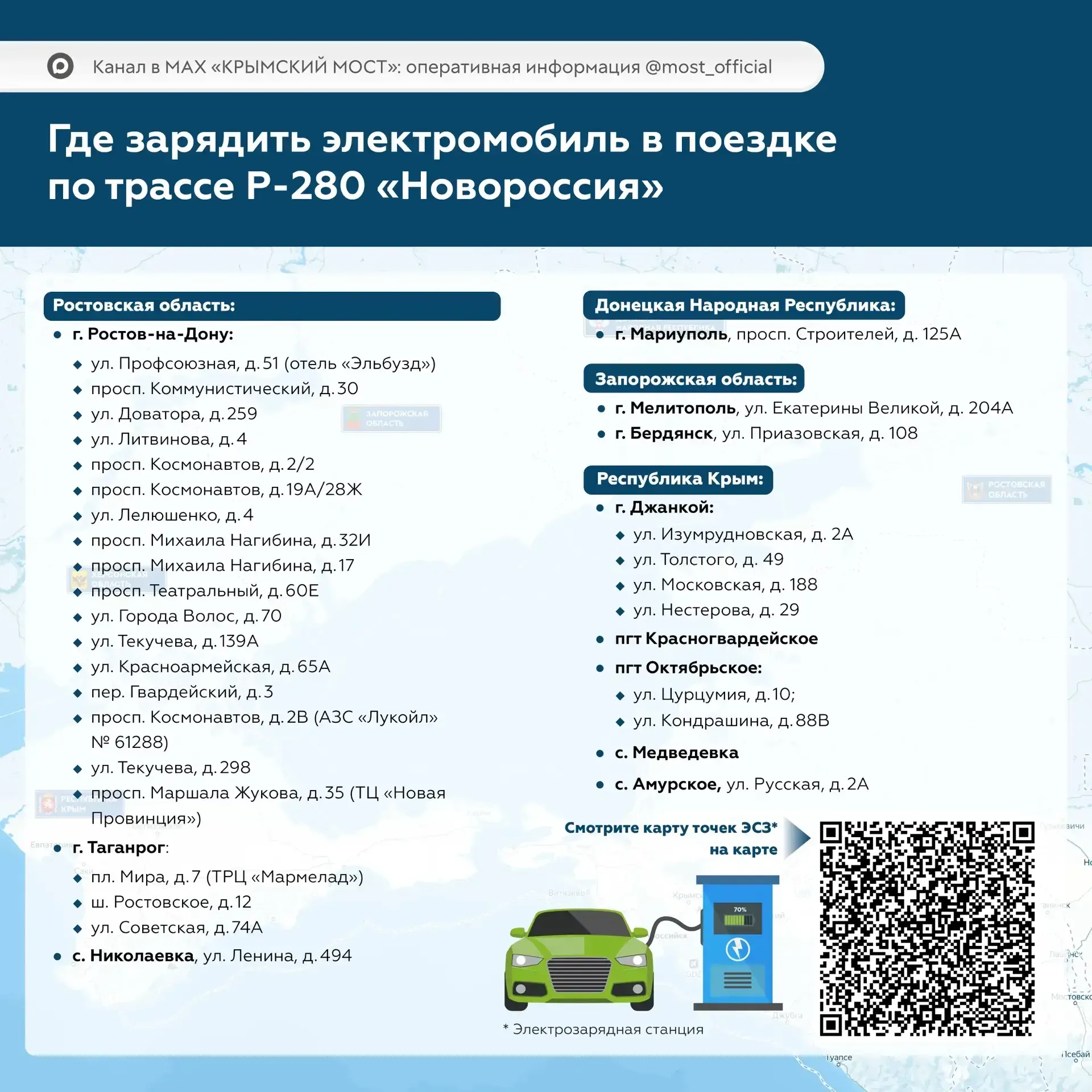 Станции зарядки электромобилей на трассе Р-280 «Новороссия»  Если вы путешествуете на электромобиле 