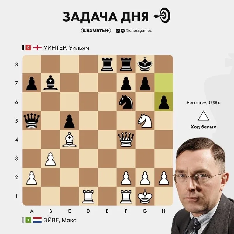♟ Задача дня 🥈 Уровень сложности: средний 📈 Примерный рейтинг: 1600–2000 Lichess  Сегодня 125 лет от