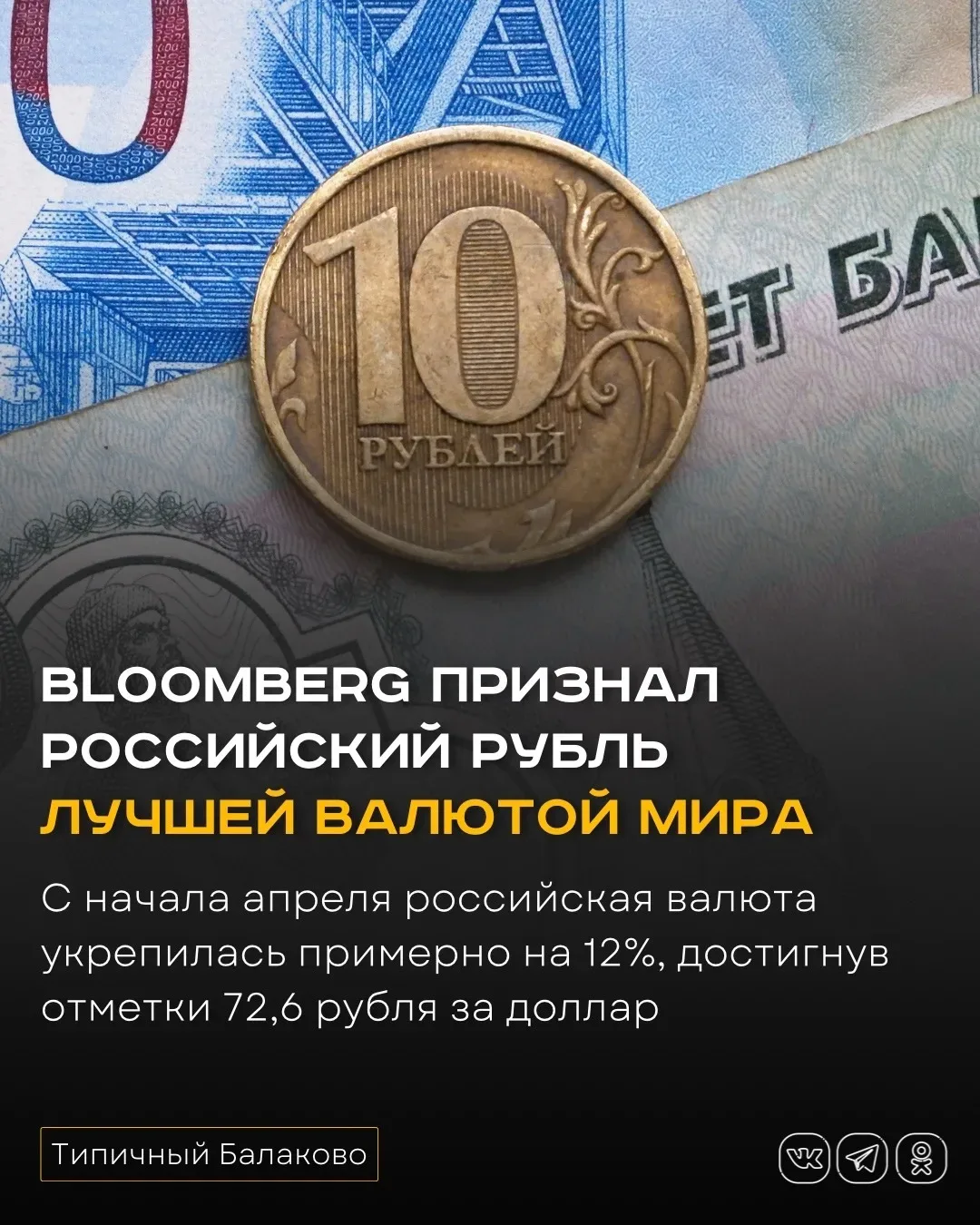 🪙 Bloomberg признал российский рубль лучшей валютой мира  Российский рубль показал лучшую динамику с