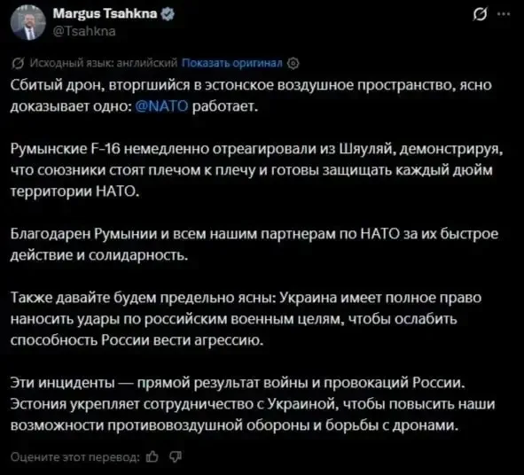 МИД Эстонии обвинил Россию в том, что в Эстонии сбили украинский дрон  Этот инцидент — прямой резуль