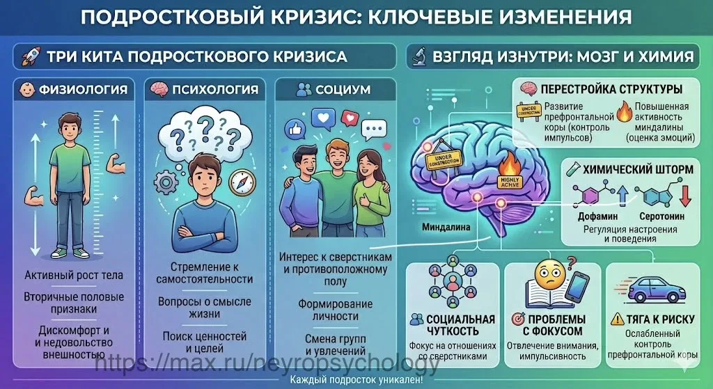Подростковый кризис: бунт, гормоны или тонкая настройка мозга? 🧠✨  Многие родители воспринимают подр