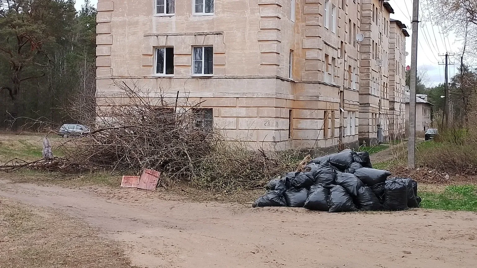 Луга. В Городке с 18 апреля лежит , даже к празднику не вывезли , мешки уже рвутся а на солнце.  📝По