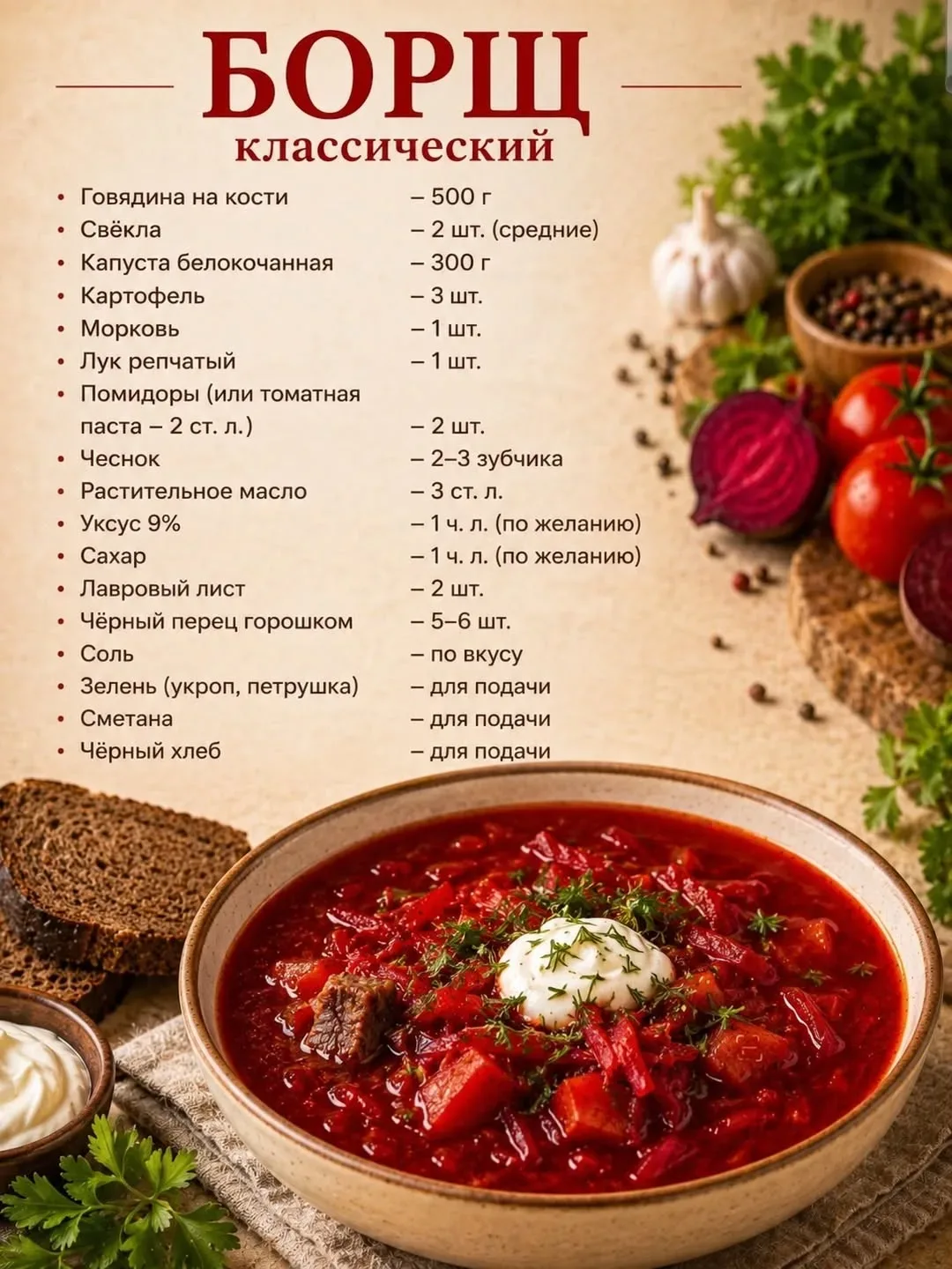 1. Борщ классический  Ингредиенты:  * Говядина на кости — 500 г * Свёкла — 2 шт. * Картофель — 3 шт.