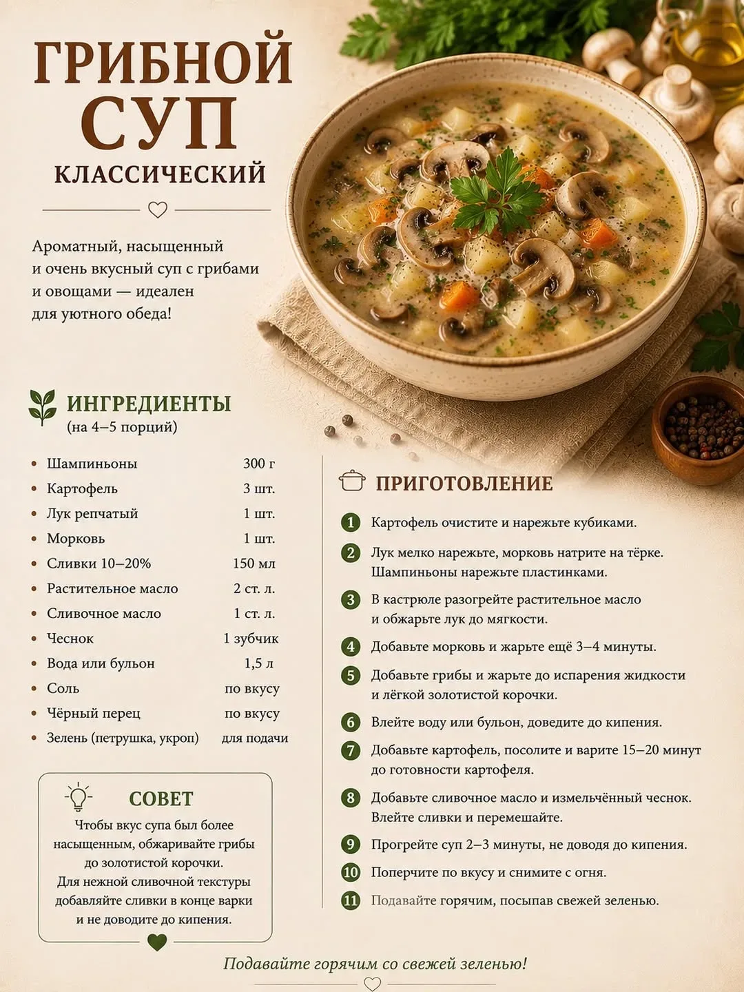 1. Борщ классический  Ингредиенты:  * Говядина на кости — 500 г * Свёкла — 2 шт. * Картофель — 3 шт.