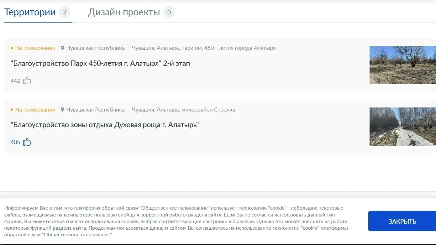 По данным, на 12 мая 2026 года, в рейтинговом голосовании за объекты, предлагаемые к благоустройству