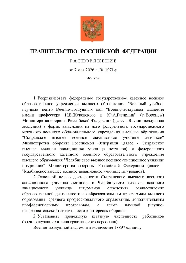 Основные положения распоряжения Правительства РФ № 1071-р от 07.05.2026: ✅Сызранское высшее военное 