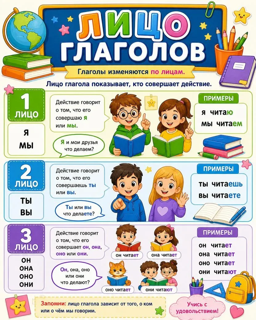 Памятка по русскому языку: «Лицо глаголов» 📚  🟢 1 лицо — я, мы: я читаю, мы читаем 🔵 2 лицо — ты, вы
