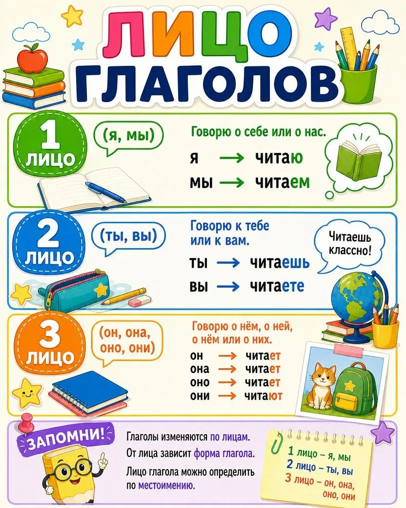 Памятка по русскому языку: «Лицо глаголов» 📚  🟢 1 лицо — я, мы: я читаю, мы читаем 🔵 2 лицо — ты, вы