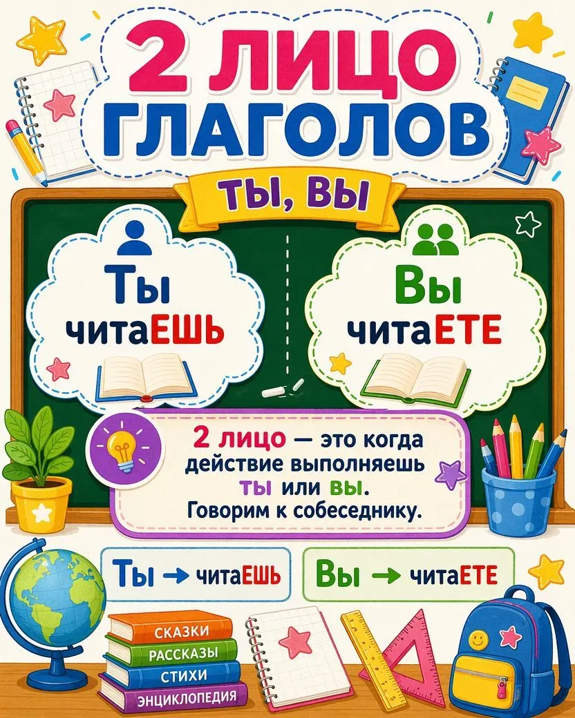 Памятка по русскому языку: «Лицо глаголов» 📚  🟢 1 лицо — я, мы: я читаю, мы читаем 🔵 2 лицо — ты, вы