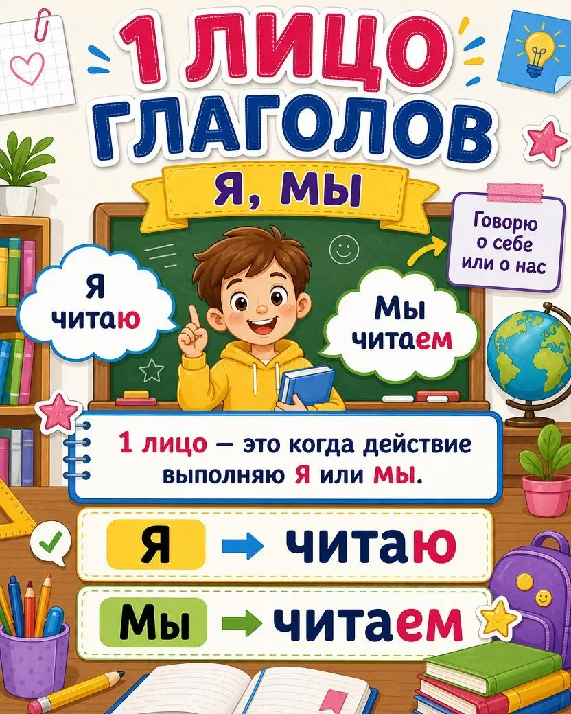 Памятка по русскому языку: «Лицо глаголов» 📚  🟢 1 лицо — я, мы: я читаю, мы читаем 🔵 2 лицо — ты, вы