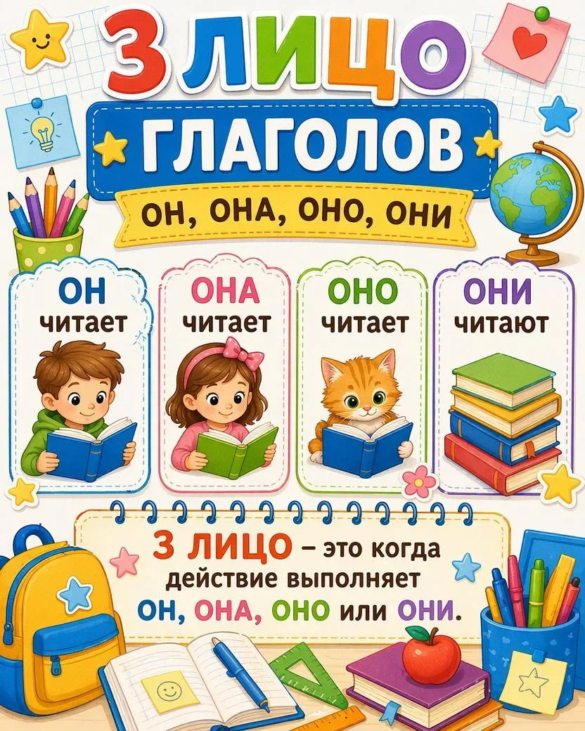 Памятка по русскому языку: «Лицо глаголов» 📚  🟢 1 лицо — я, мы: я читаю, мы читаем 🔵 2 лицо — ты, вы