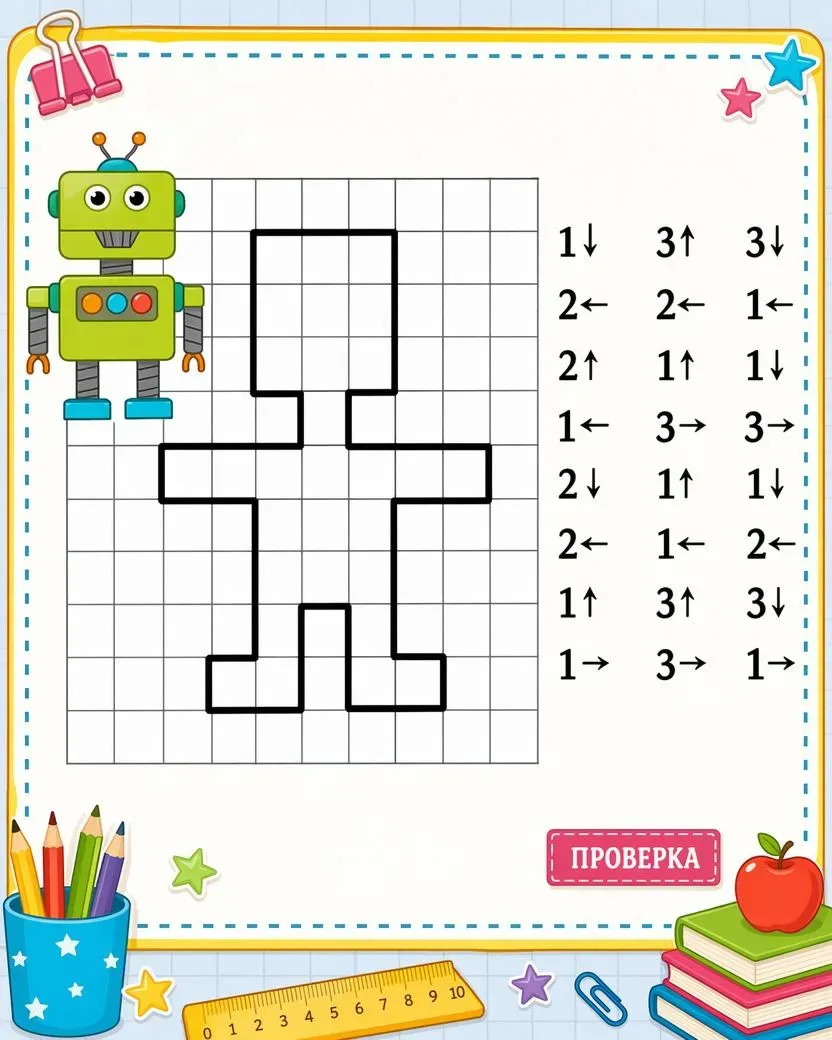 🕵️‍♀️ Кто спрятался за стрелочками?  Шаг вправо, два вниз, три влево — и постепенно из линий появляе