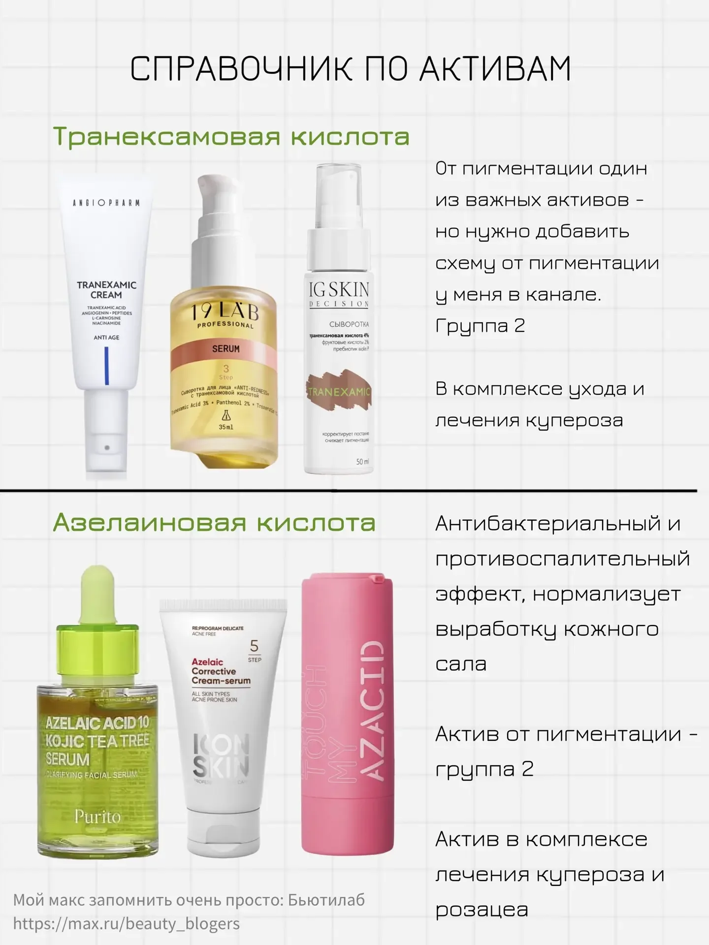 Справочник активных компонентов в косметике. Сегодня разбираем группу от пигментации, рубцов, постак