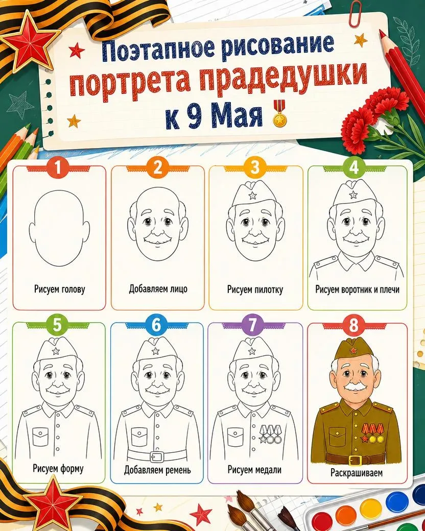 Поэтапное рисование портрета прадедушки к 9 Мая  Отличный материал для урока рисования в начальной ш