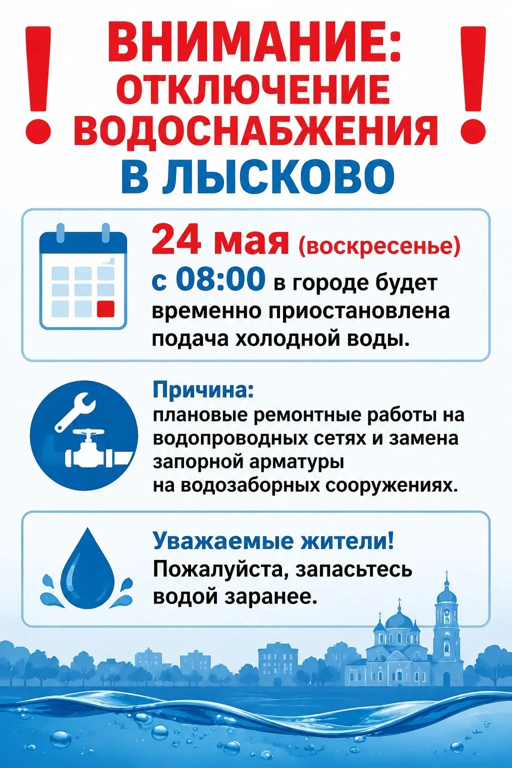 ❗ ВНИМАНИЕ: ОТКЛЮЧЕНИЕ ВОДОСНАБЖЕНИЯВ ЛЫСКОВО ❗                  24 мая (воскресенье) с 08:00 в горо