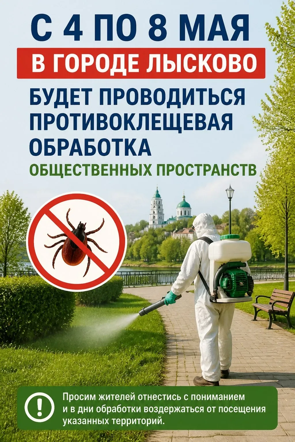 ‼️ ВНИМАНИЕ, ОБРАБОТКА ОТ КЛЕЩЕЙ ‼️   С 04 по 08 мая 2026 года на территории муниципалитета будет пр