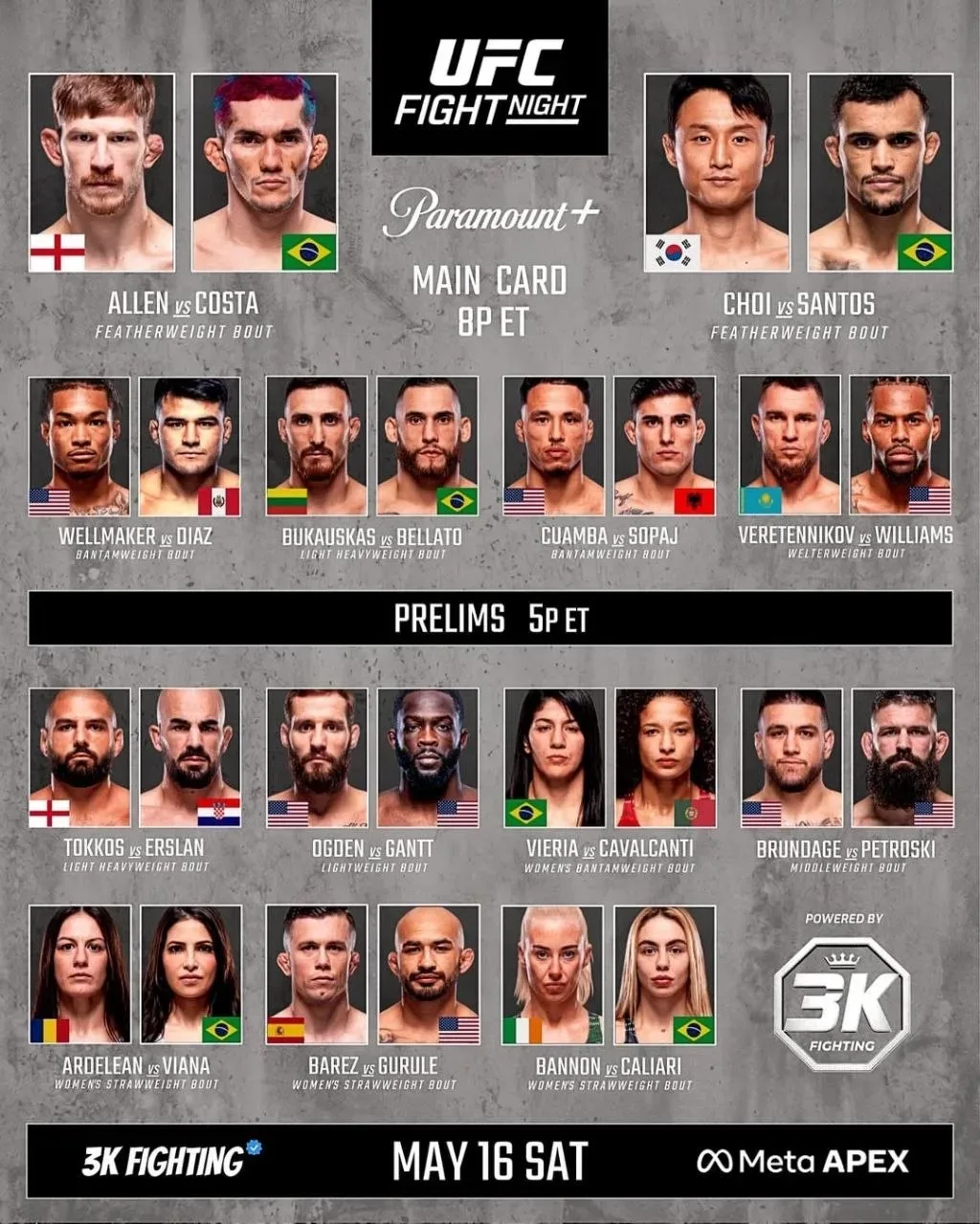 🚨 Аллен — Коста: дата и время начала, где смотреть трансляцию, кард UFC Fight Night 276  Начало в 00
