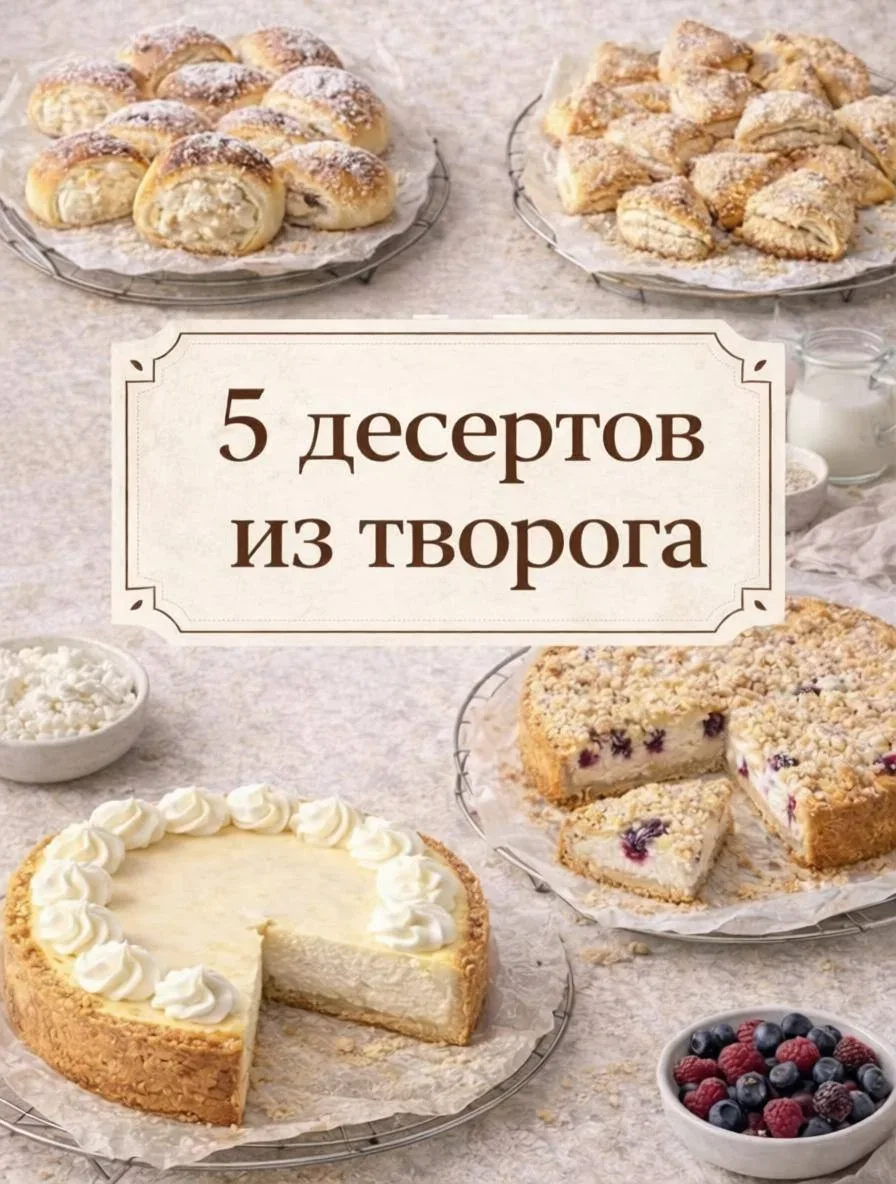 5 ДЕСЕРТОВ ИЗ ТВОРОГА  1. ТВОРОЖНЫЕ БУЛОЧКИ  Ингредиенты: • творог - 250 г • мука - 400 г • сливочно