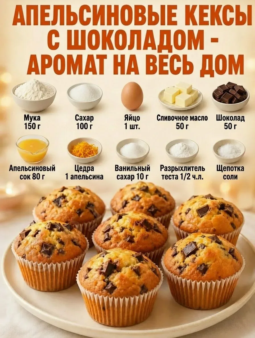 АПЕЛЬСИНОВЫЕ КЕКСЫ С ШОКОЛАДОМ И АПЕЛЬСИНОВЫМ ГАНАШОМ Р е ц е п т: nelyayarygina  Это тот самый реце