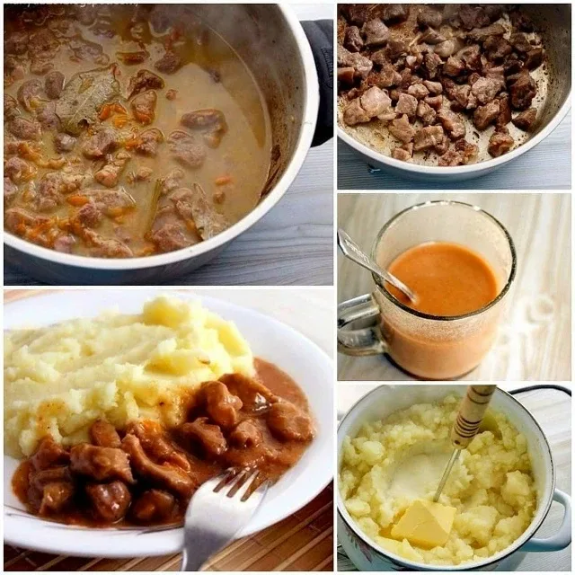 Гуляш с подливкой и картофельным пюре, как в садике😍 ⠀ 📝Ингредиенты:  Говядина — 0,5 кг Лук репчатый