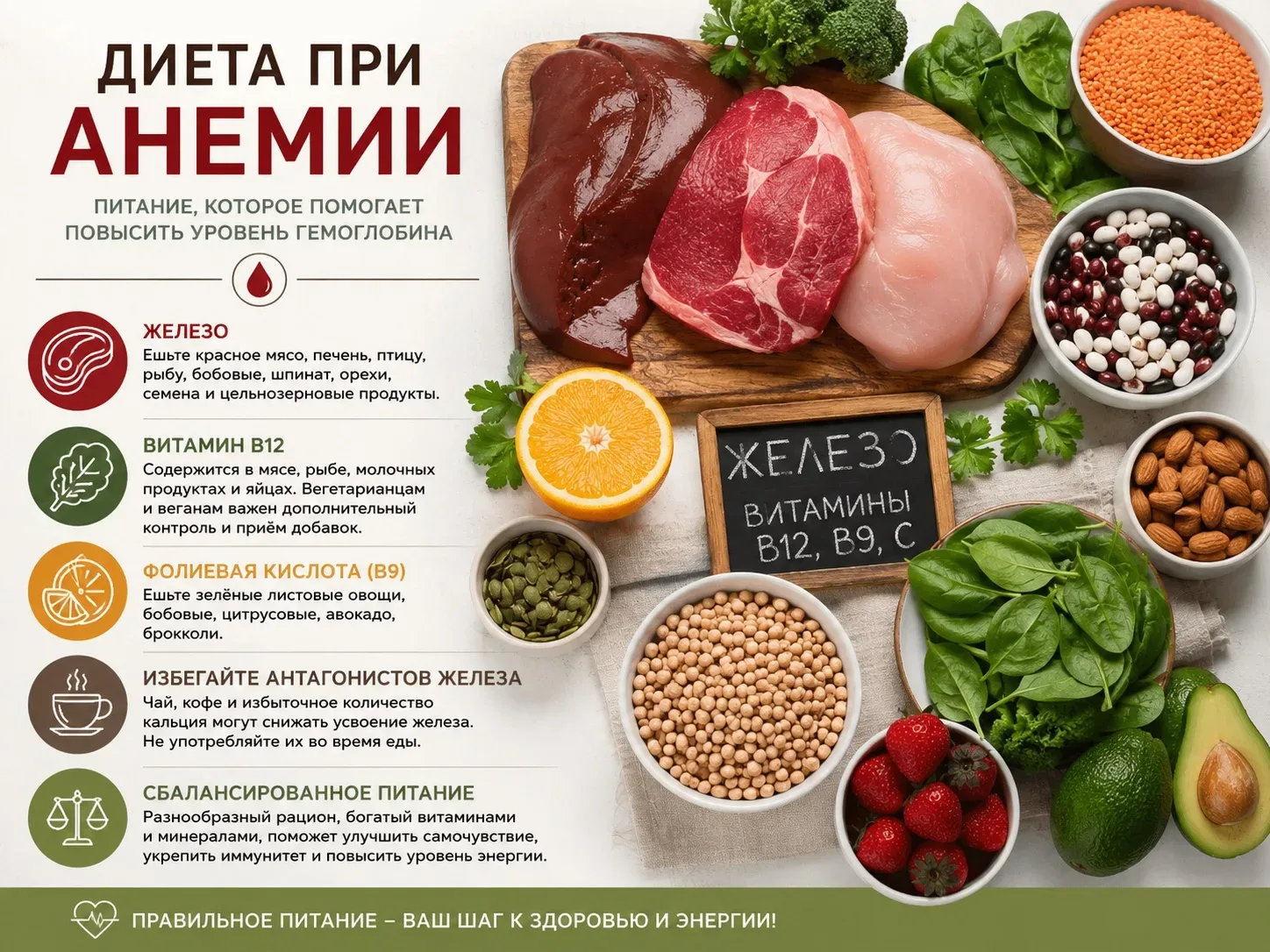 Какая диета лечит анемию   Анемия — это состояние, при котором уровень гемоглобина в крови снижен, ч