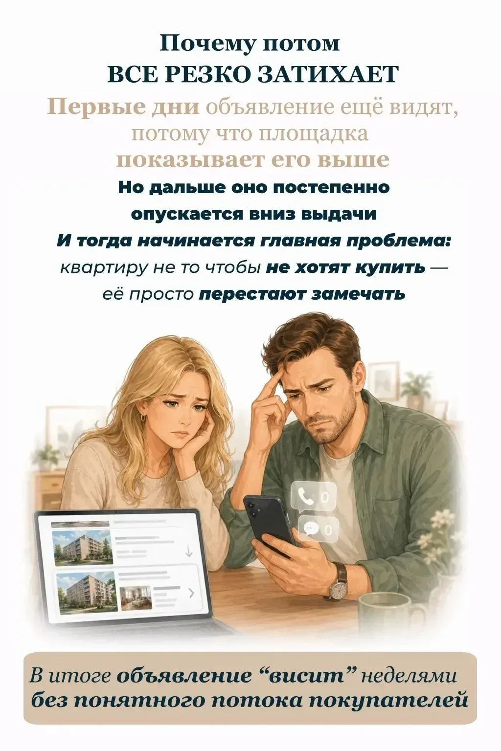 Почему квартира хорошая, а покупателя всё нет? 👀  Вы выкладываете объявление. Первые дни звонки, про