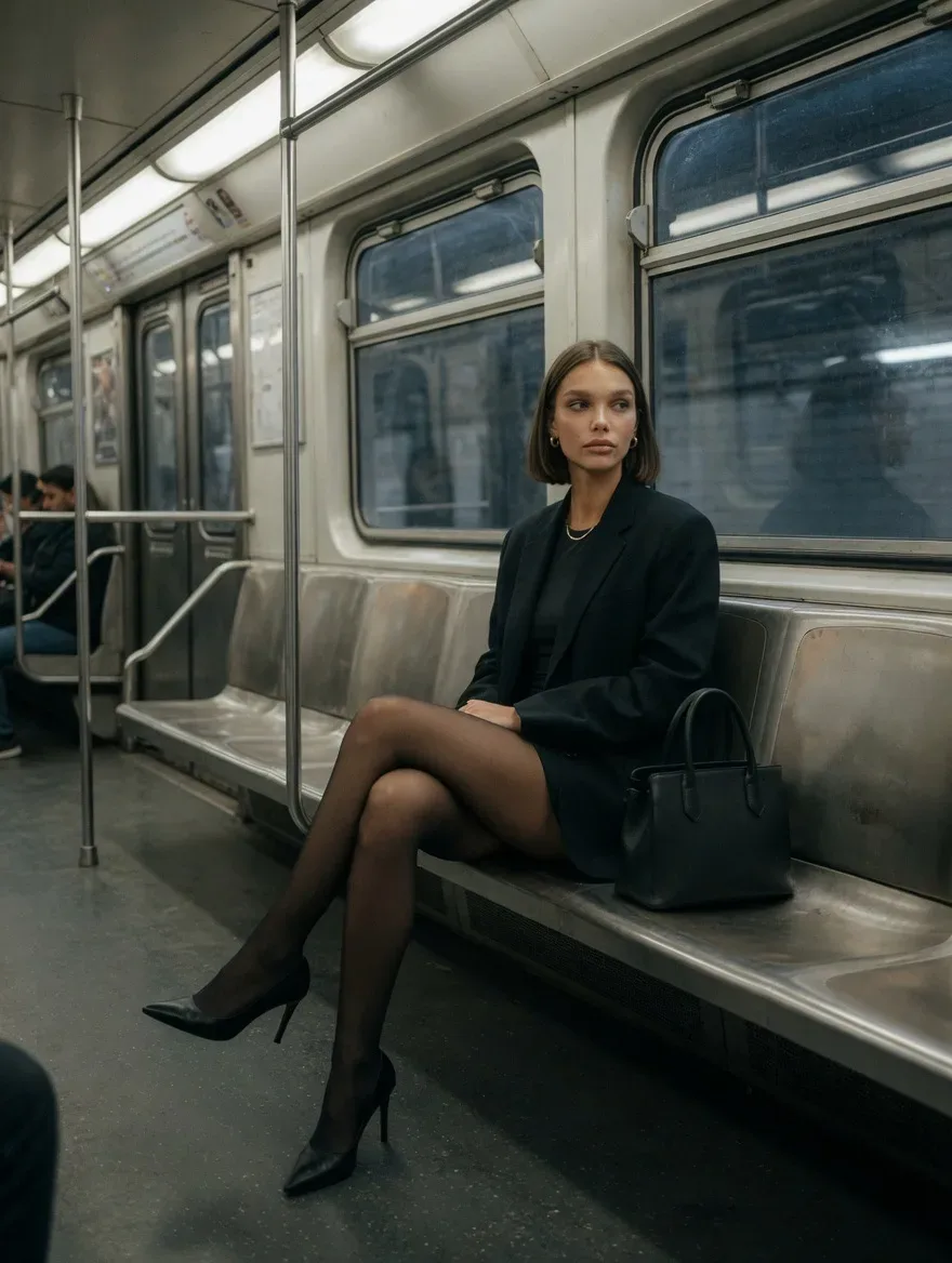 Ultra-realistic candid streetstyle photo of a confident young woman sitting in a subway train, captu